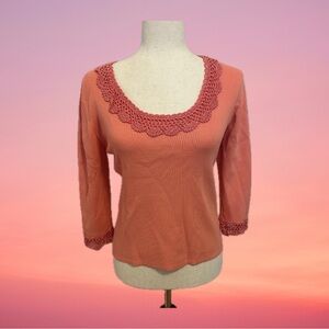 Joesph A. Qu’est-cequec’est Silk? Salmon Pink Ruffle Embroidered Trim Top Size M